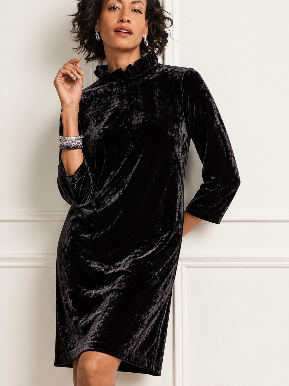 Talbots NWT Black Crushed Velvet Ruffle Mock Neck Holiday Cocktail Dress Sz 2